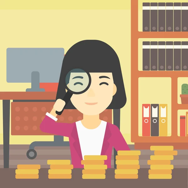 Woman with magnifier looking at golden coins. — 图库矢量图片