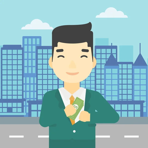 Homme mettant de l'argent dans une illustration vectorielle de poche . — Image vectorielle
