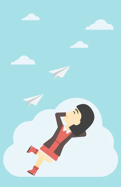 Γυναίκα σε εργασία που βρίσκεται στο σύννεφο διανυσματικά εικονογράφηση. — Διανυσματικό Αρχείο