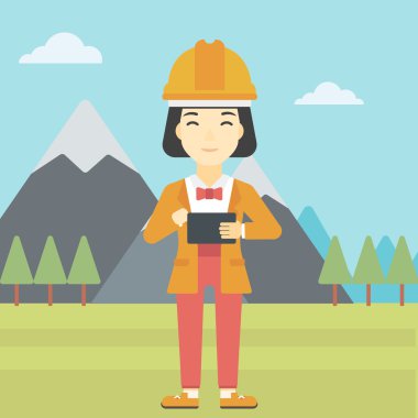 Woman holding tablet computer vector illustration.