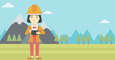 Woman holding tablet computer vector illustration.