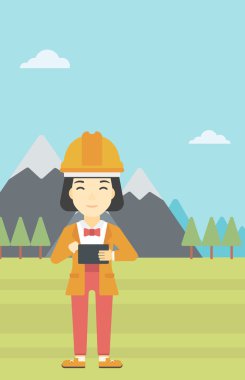 Woman holding tablet computer vector illustration.