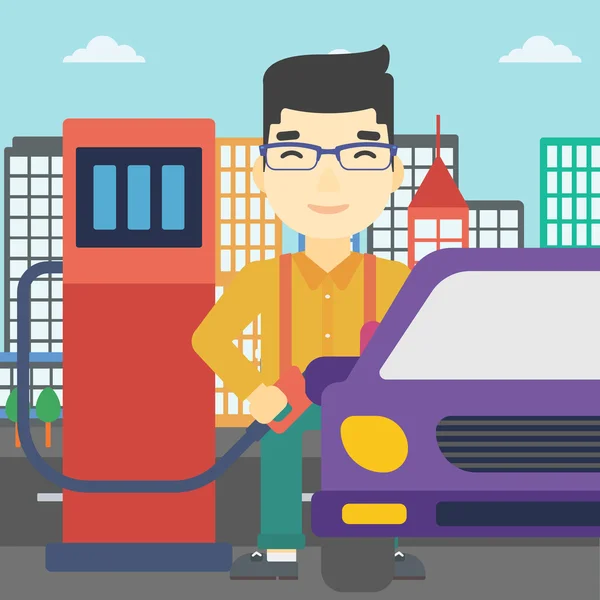 Arbetaren fyller upp bränslet in i bil. — Stock vektor
