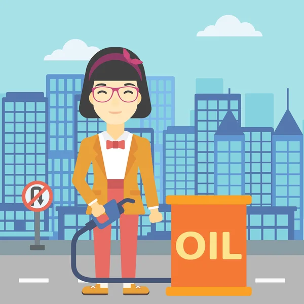 Woman with oil barrel and gas pump nozzle. — Stock Vector