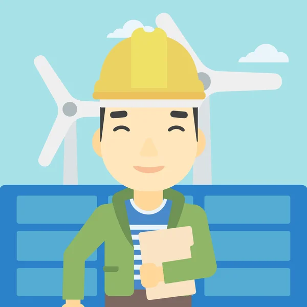 Trabajador masculino de planta de energía solar y parque eólico . — Vector de stock