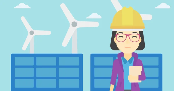 Female worker of solar power plant and wind farm. — Stock Vector