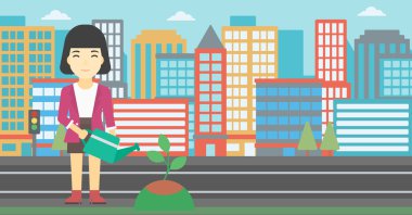 Kadın sulama ağaç vektör çizim.