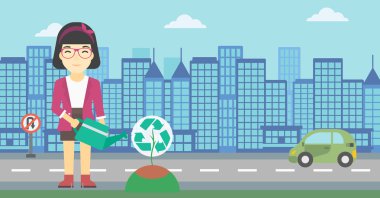 Kadın sulama ağacıyla geri dönüşüm işareti.