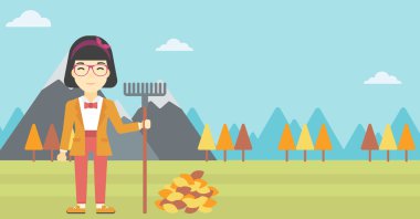 Woman raking autumn leaves vector illustration.