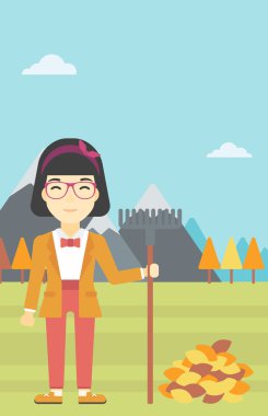 Woman raking autumn leaves vector illustration.
