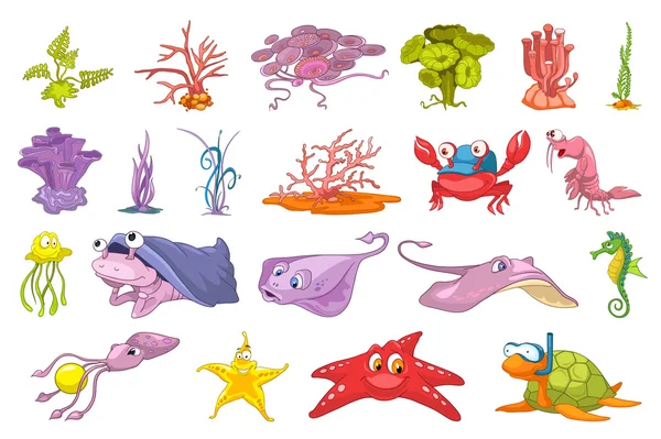 Vector set of seaweed and sea animals illustration — Stock Vector