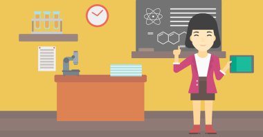 Kız öğrenci sınıfta tablet bilgisayar kullanarak.