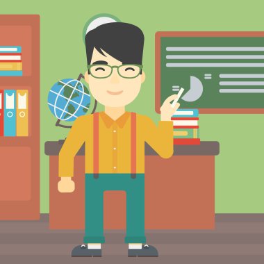 Öğretmen elinde tebeşir ile yazı tahtası önünde.