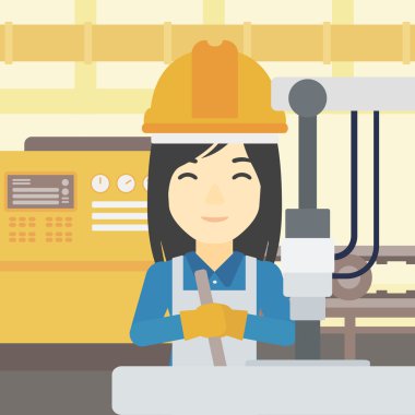 Sondaj makinesi endüstriyel üzerinde çalışan kadın.