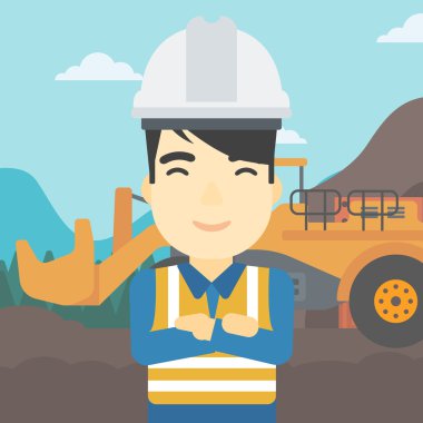 Madenci arka plan üzerinde madencilik ekipmanları ile.