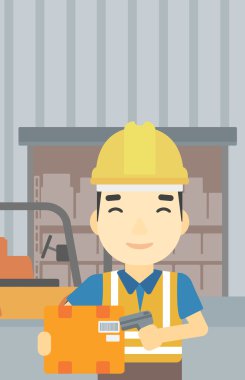 İşçi tarama barkod kutusu üzerinde ambar.