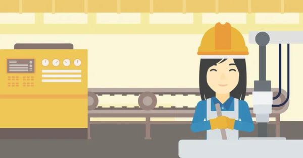 Femme travaillant sur une perceuse industrielle . — Image vectorielle