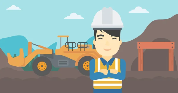 Miner with mining equipment on background. — Stock Vector