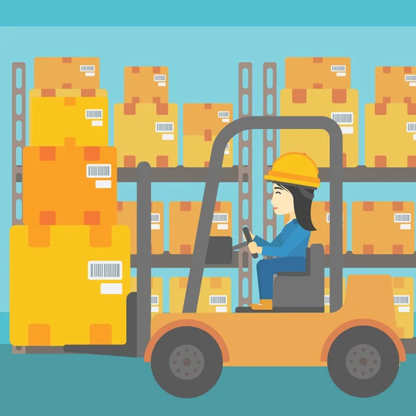 Warehouse worker moving load by forklift truck. — Stock Vector