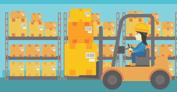 Warehouse worker moving load by forklift truck. — Stock Vector