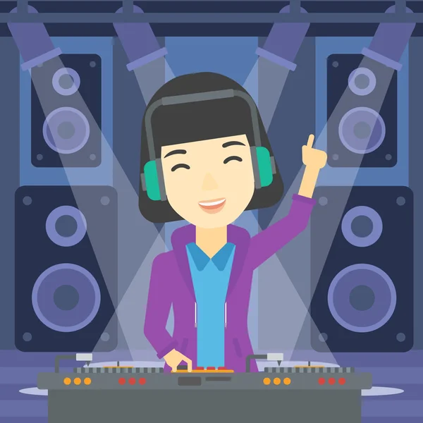 Smiling DJ mixing music on turntables. — Stock Vector