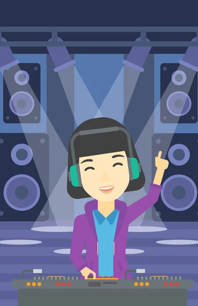 Smiling DJ mixing music on turntables. — Stock Vector