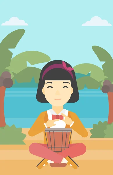 Mujer jugando tambor étnico vector ilustración . — Vector de stock