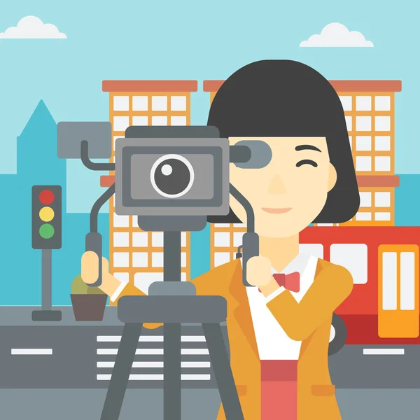 Camerawoman a film fényképezőgép, állvány. — Stock Vector