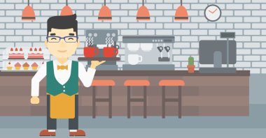 Bardak coffeee veya çay tepsisiyle tutan garson.