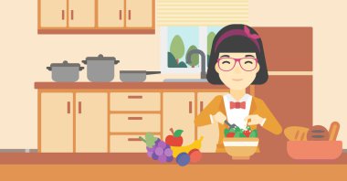 Woman cooking vegetable salad vector illustration.