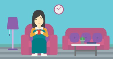 Woman drinking coffee or tea vector illustration.