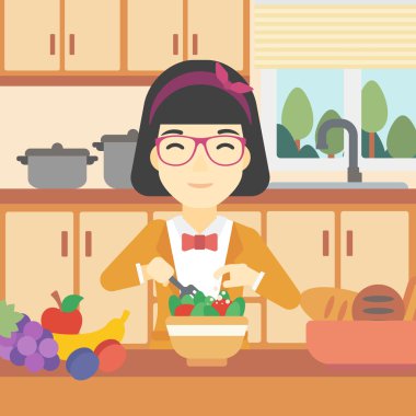 Woman cooking vegetable salad vector illustration.