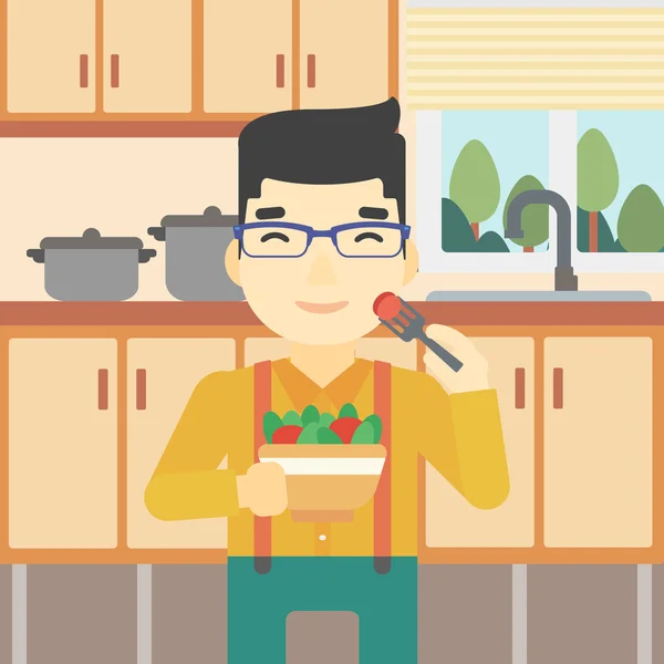 Hombre comiendo ensalada de verduras saludables . — Vector de stock