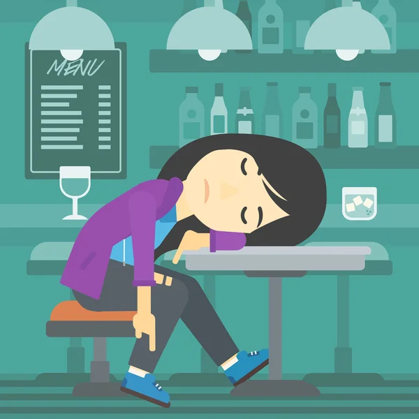 Mujer borracha durmiendo en el bar . — Vector de stock