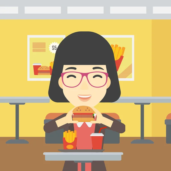 Mulher comendo hambúrguer vetor ilustração . — Vetor de Stock