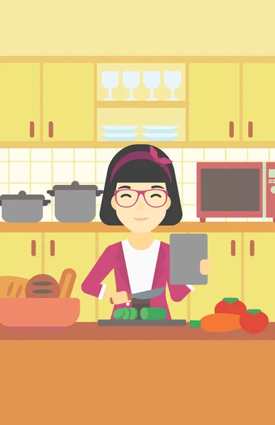 Žena vaření zdravý zeleninový salát. — Stockový vektor