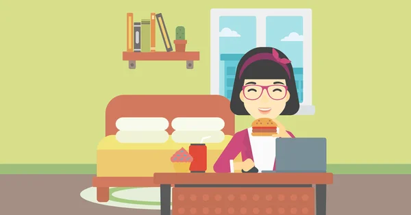 Mujer comiendo hamburguesa vector ilustración . — Archivo Imágenes Vectoriales