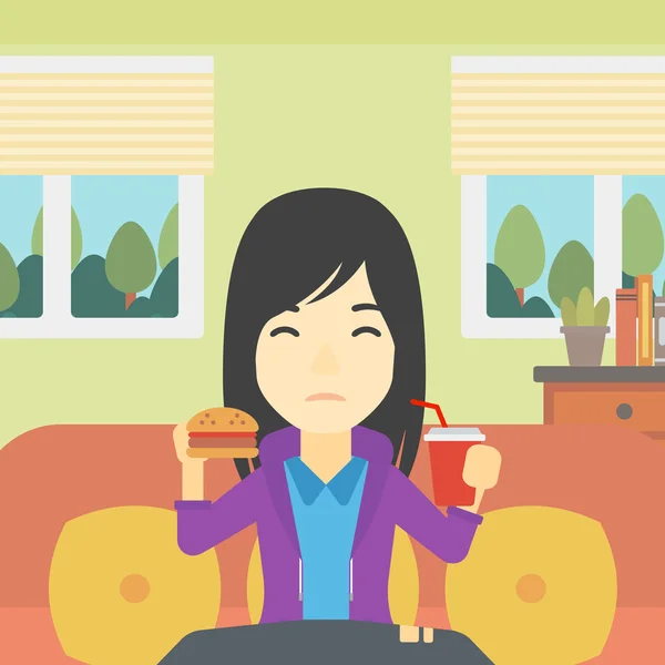Donna che mangia hamburger vettoriale illustrazione . — Vettoriale Stock