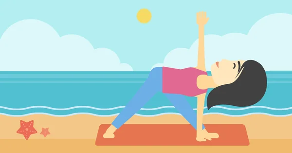 Woman practicing yoga triangle pose on the beach. — Stockový vektor