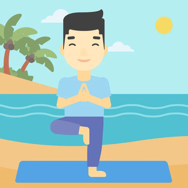 Mann übt Yoga-Baum-Pose am Strand. — Stockvektor
