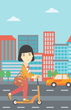 Kadın tekme scooter vektör çizim sürme.