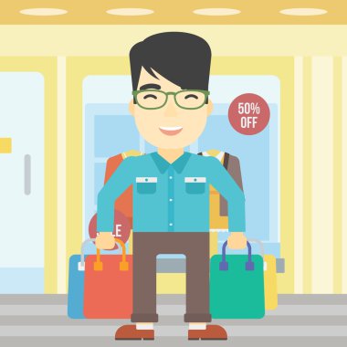 Mutlu adam alışveriş torbaları vektör çizim ile.