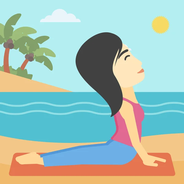 Žena cvičí jógu nahoru pes představovat na pláži. — Stockový vektor