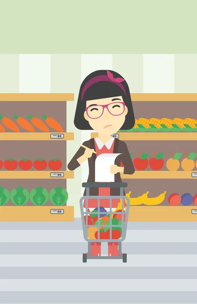 Mujer con ilustración vectorial lista de compras . — Archivo Imágenes Vectoriales