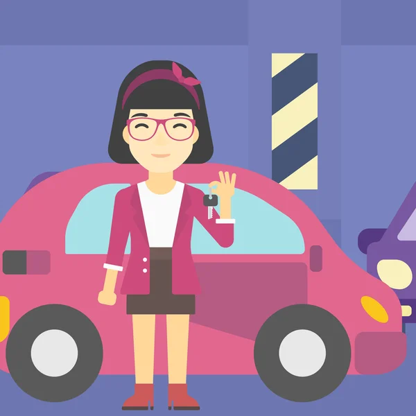 Femme tenant les clés de sa nouvelle voiture . — Image vectorielle