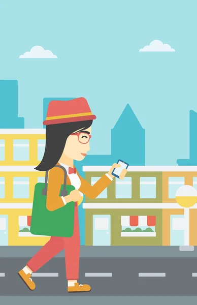 Mujer caminando con ilustración de vector de teléfono inteligente . — Vector de stock