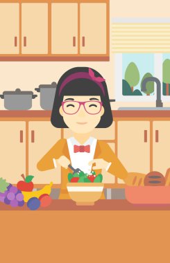 Woman cooking vegetable salad vector illustration.