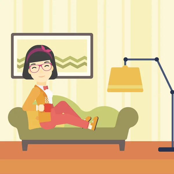 Wioman lying with cup of tea vector illustration. — Stockvector