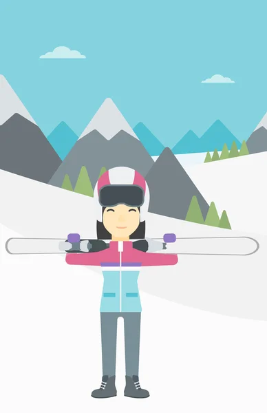 Mujer sosteniendo esquís vector ilustración . — Vector de stock