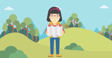 Traveler with backpack looking at map. clipart